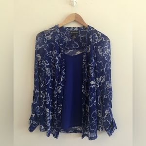 INC 2-piece Tank + Sheer Blue Long Sleeve Blouse with Floral Pattern M